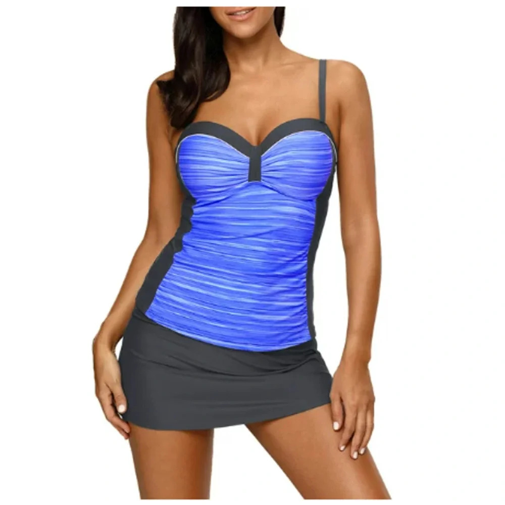 NWT Women's 2 Piece Color-block Blue & Black Tankini Swimsuit & Skirt Bottom 2XL